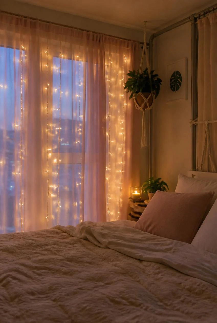Fairy Lights Behind Sheer Curtains
