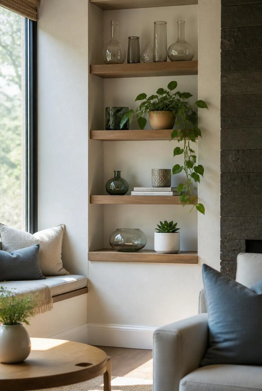 Floating Shelves Built Into a Window Nook