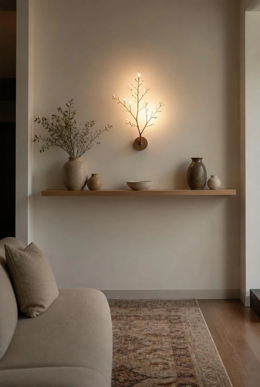 Floating Shelves With Branch Style Lighting Accents