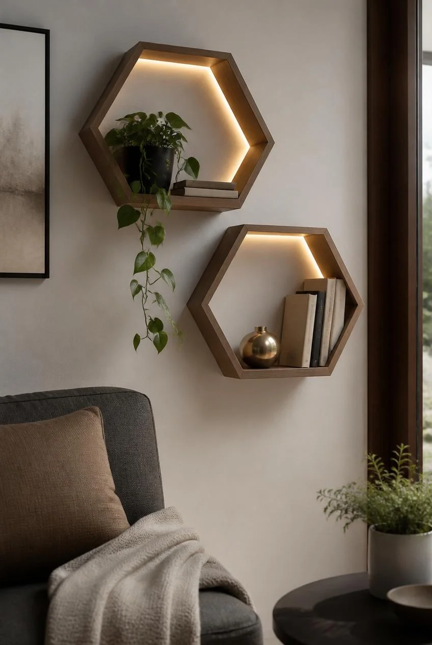 Hexagonal Corner Shelves With Backlit Interiors