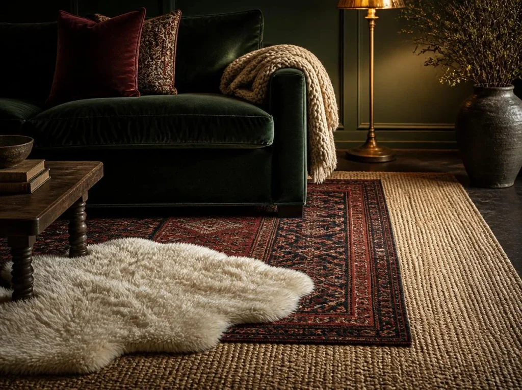 Incorporate Moody Textures and Layered Rugs