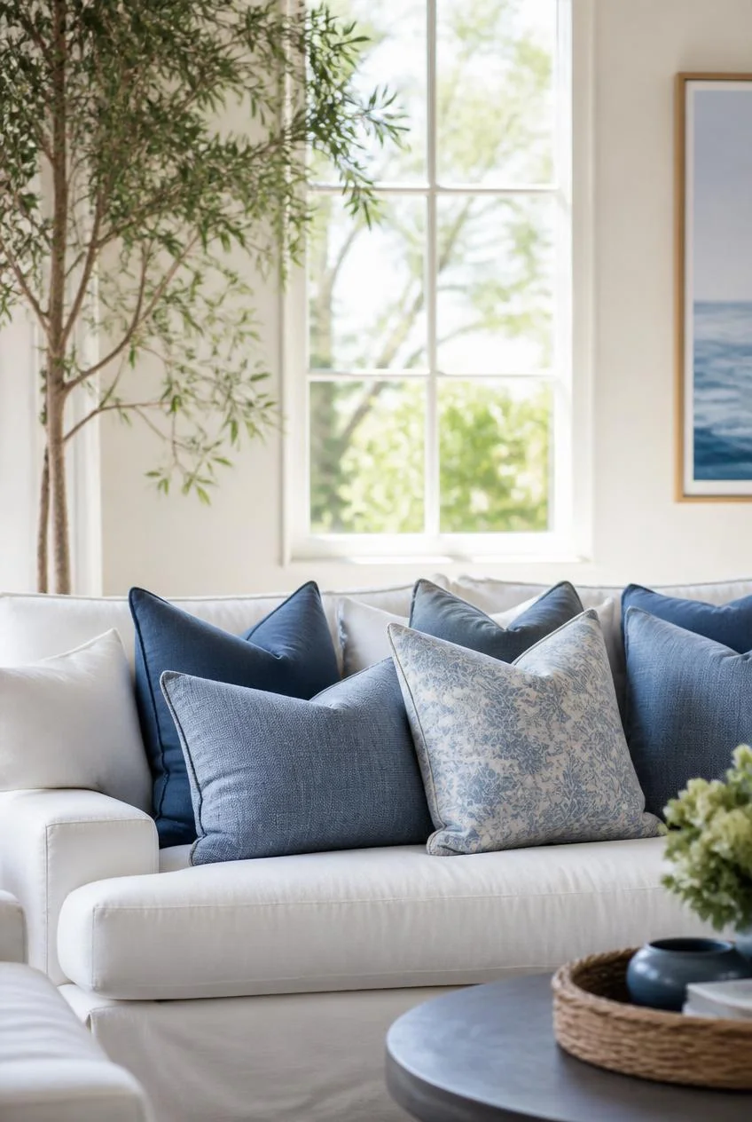 Layered Blue Throw Pillows on a White Sofa