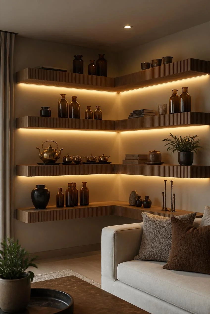 Lit Corner Shelves With Fluted Fronts