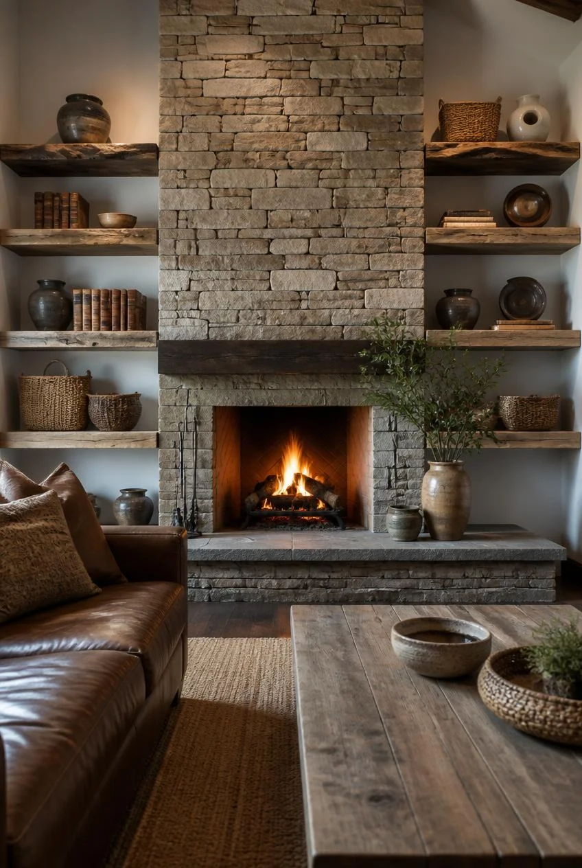 Live Edge Reclaimed Wood Around a Stone Fireplace