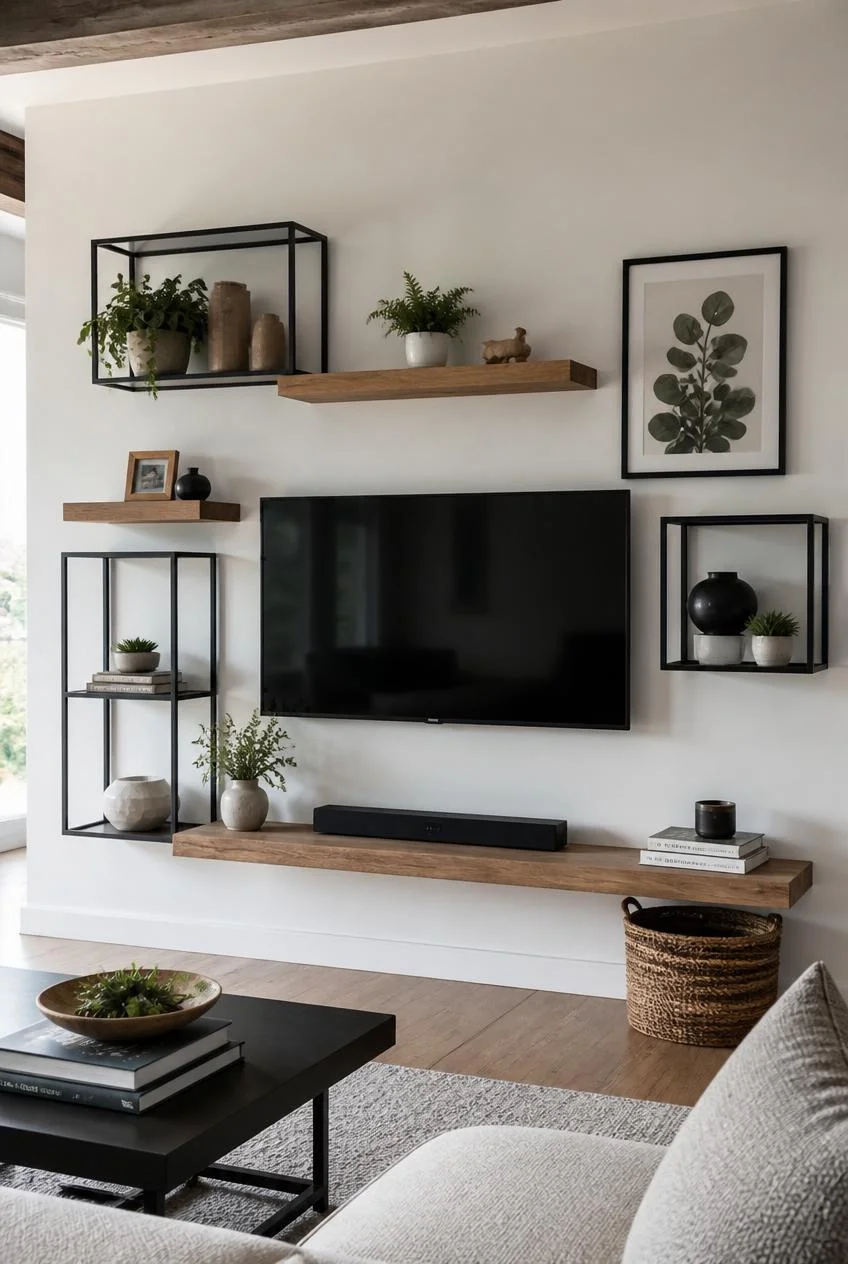 Mixed Shelf Formats Around a Mounted TV