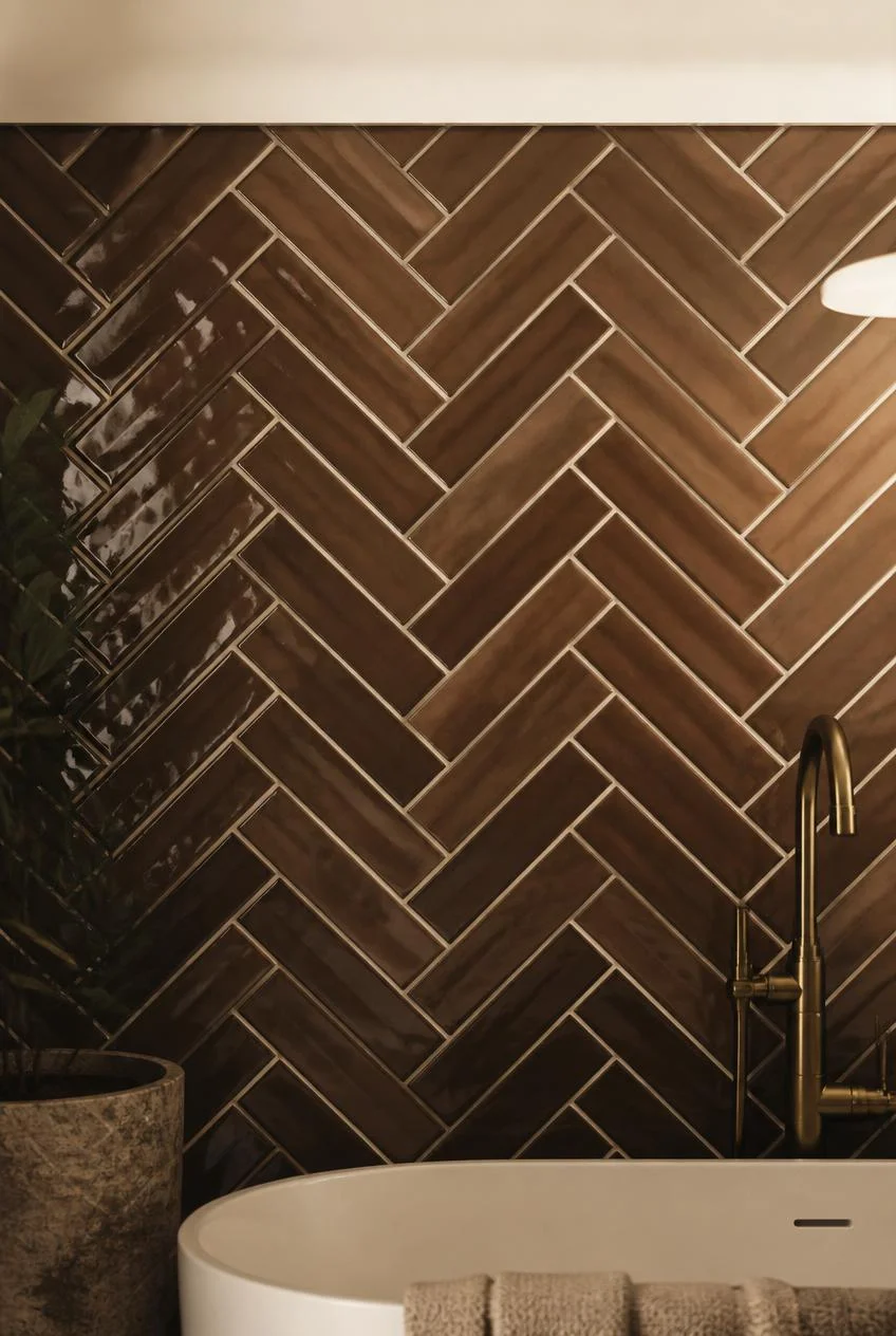 Warm Brown Subway Tiles in a Herringbone Pattern