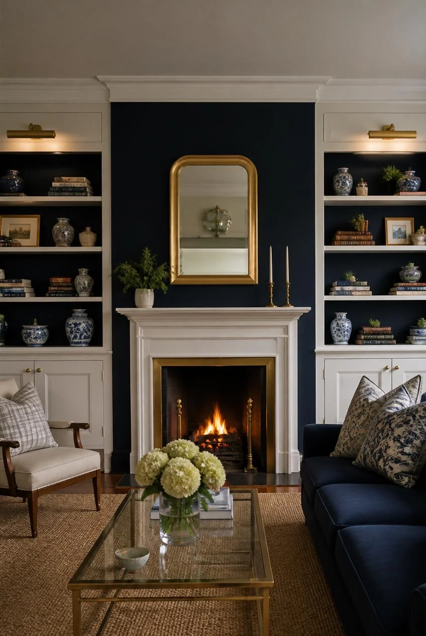 White Built In Cabinetry Flanking a Fireplace