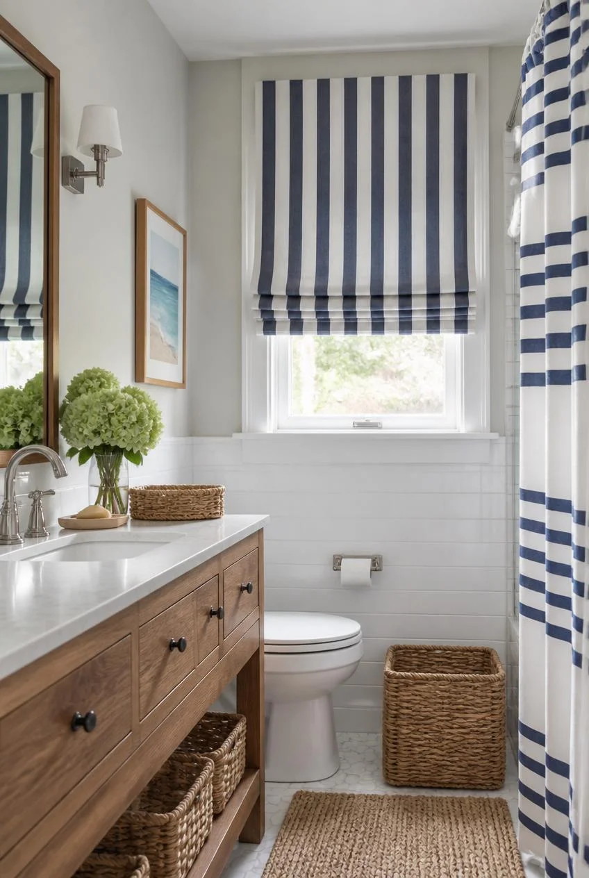 A Blue and White Stripe Shower Curtain or Roman Shade