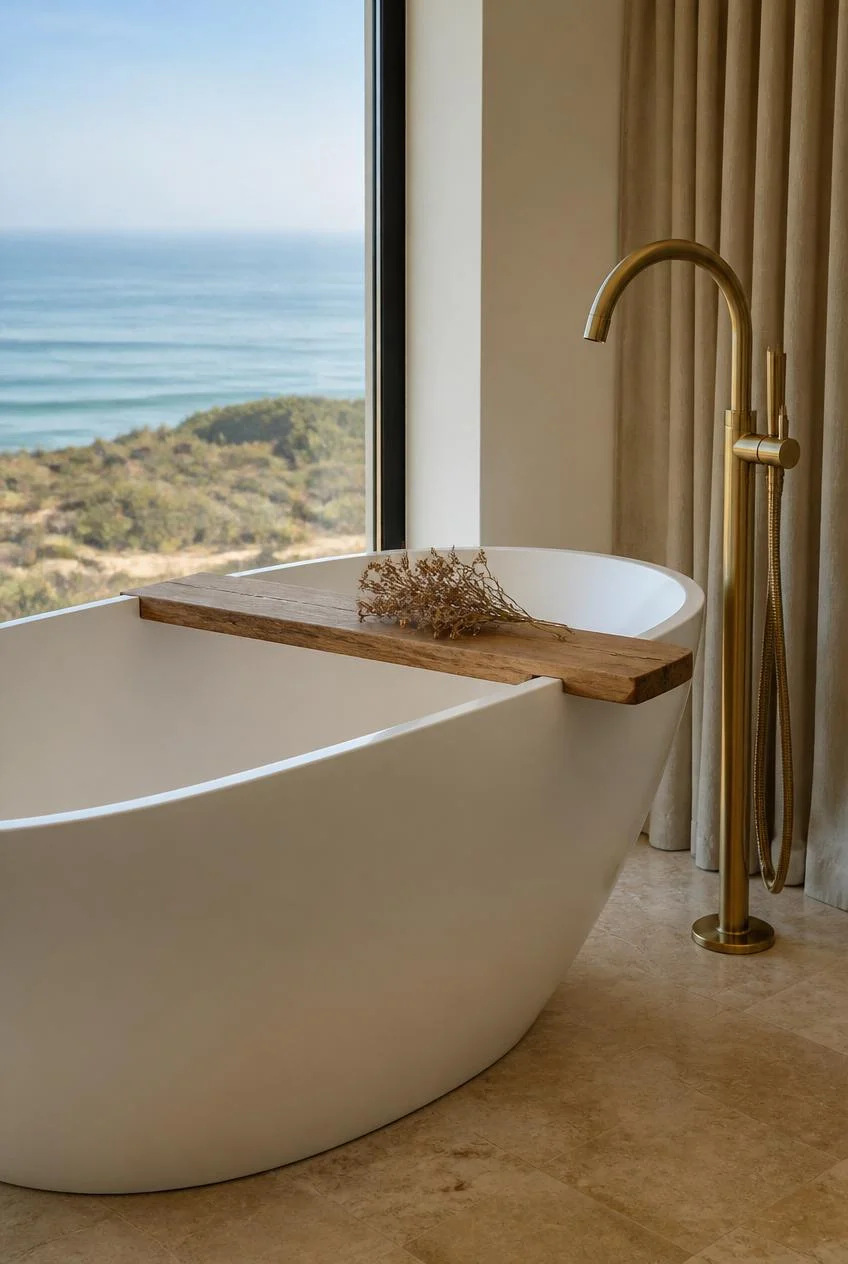 A Freestanding Soaking Tub as the Coastal Spa Centrepiece