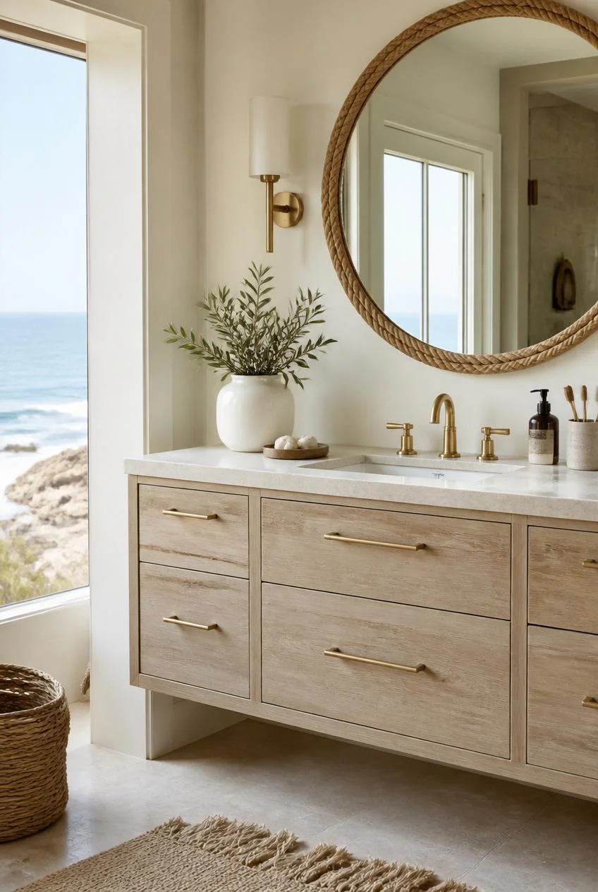 A Natural Wood Vanity in a Light or Driftwood Tone