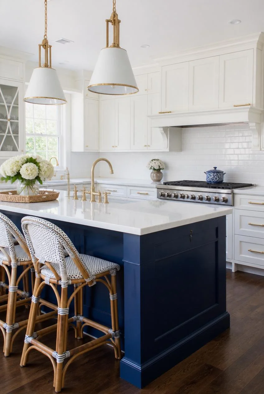 A Navy Blue Island in an All White Kitchen