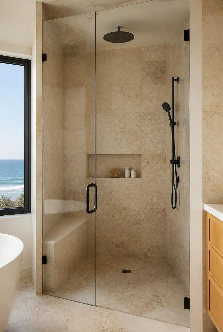 A Rainfall Shower With Natural Stone Walls