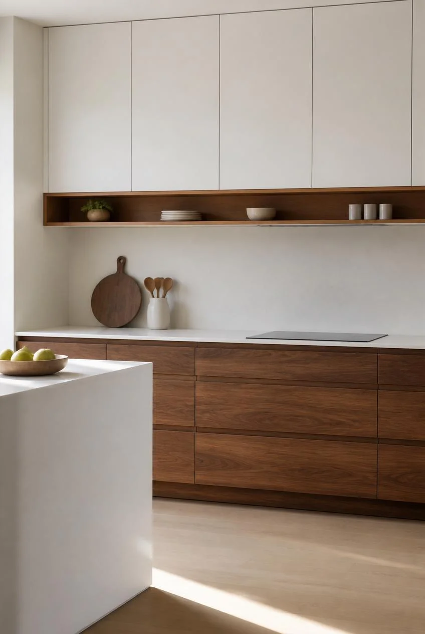 A Warm Wood Accent Against Cool Cabinetry