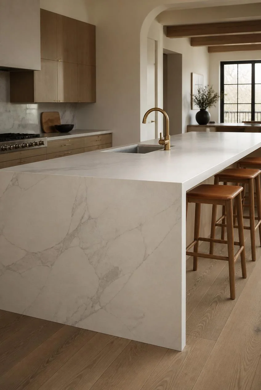 A Waterfall Kitchen Island in Honed Stone
