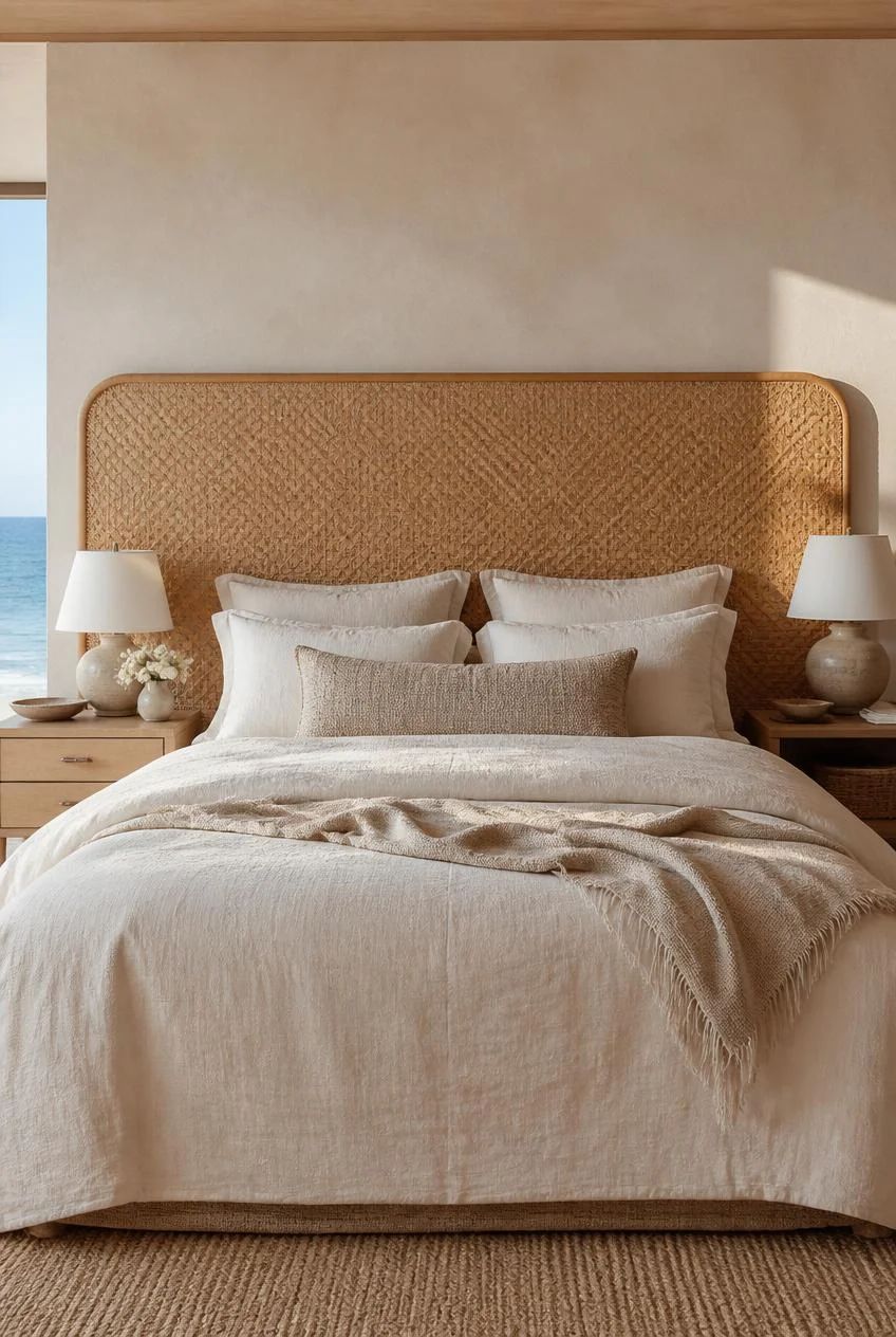 A Woven Rattan Headboard as the Room's Central Statement