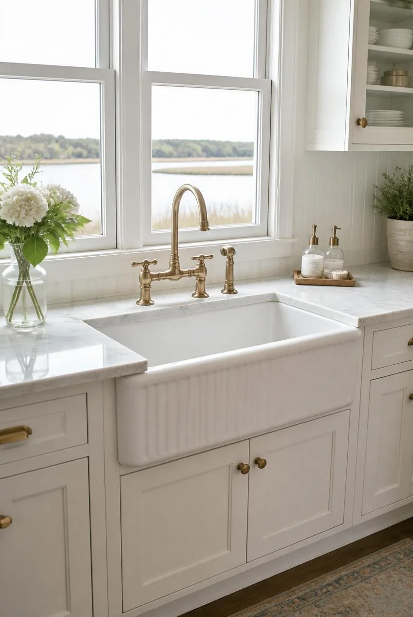 An Apron Front Farmhouse Sink in White or Fireclay