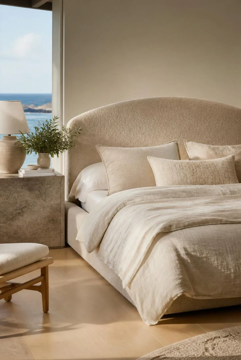 An Upholstered Bed in a Textured Coastal Fabric