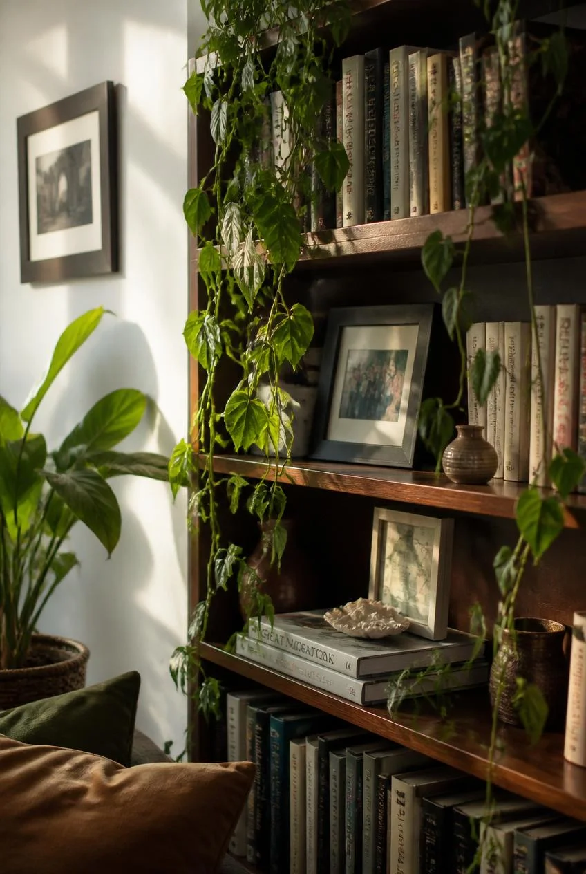 Bookshelf Styled with Cascading Plants