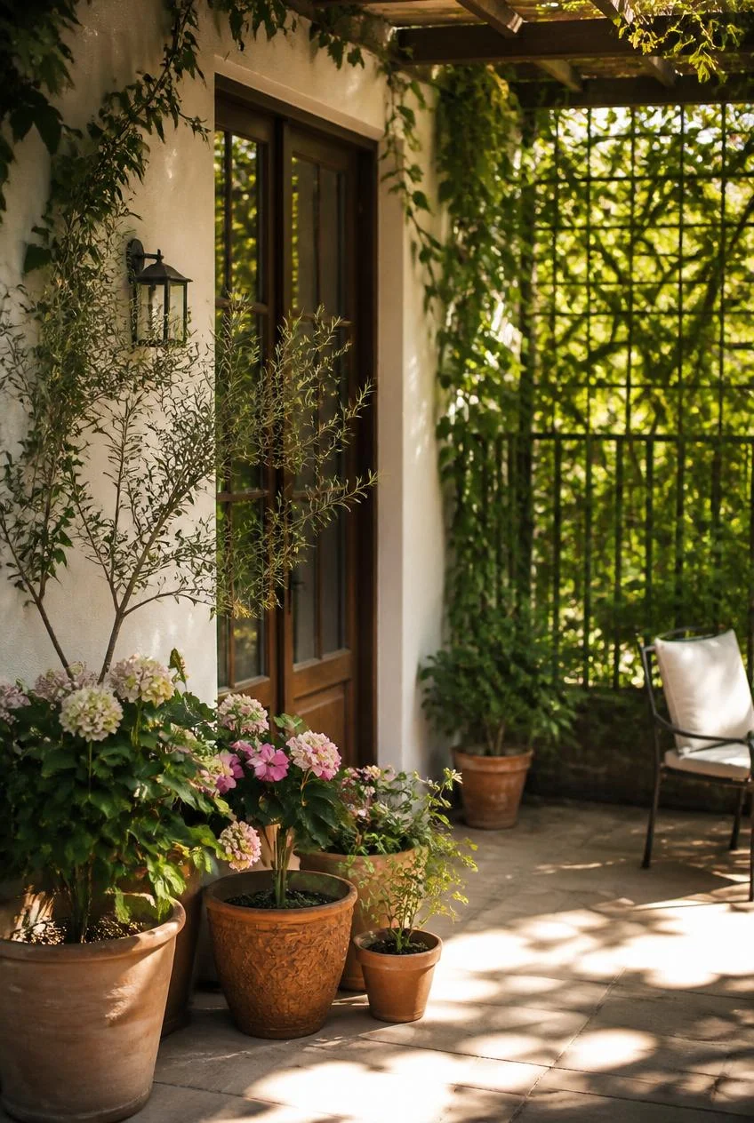 Climbing Vines and Potted Greenery Outdoors