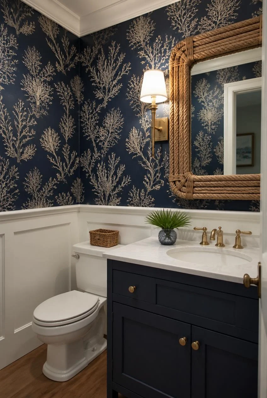 Coastal Wallpaper in a Powder Room or Guest Bathroom