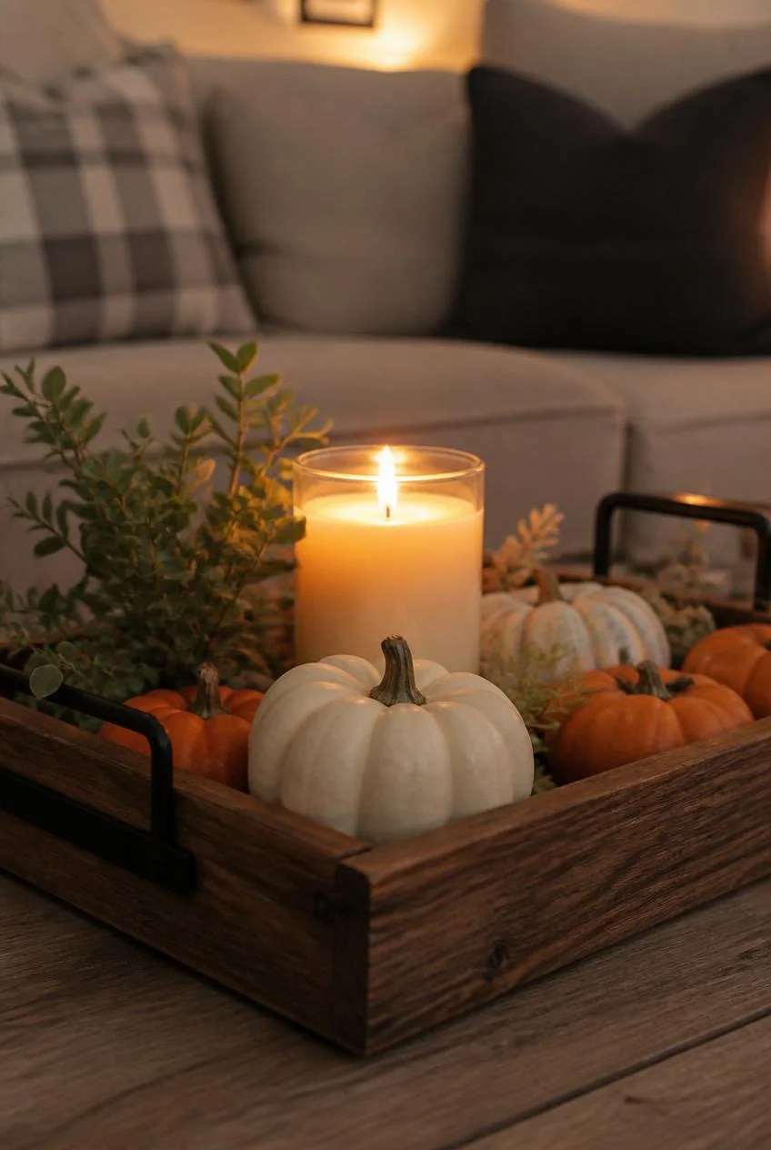 Coffee Table Tray Vignette with Candles and Mini Pumpkins