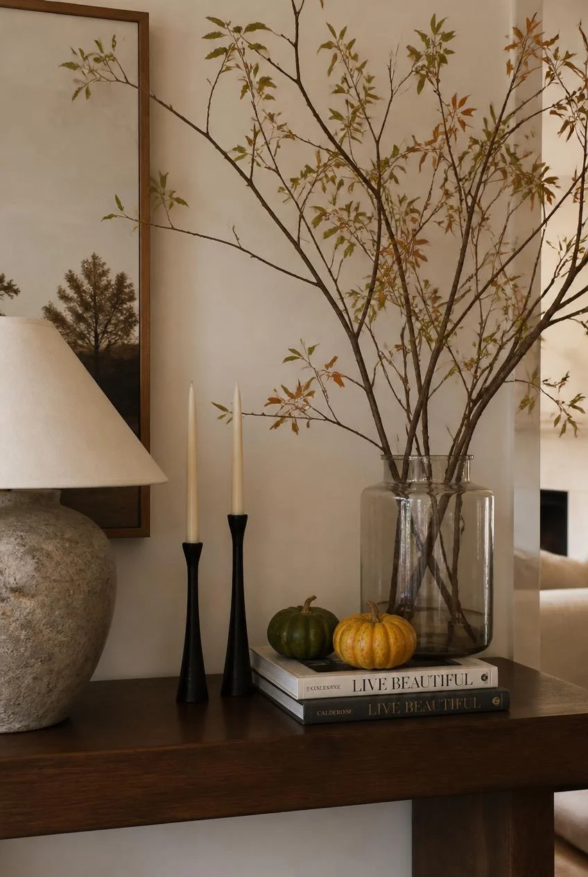 Console Table Styled with Seasonal Greenery