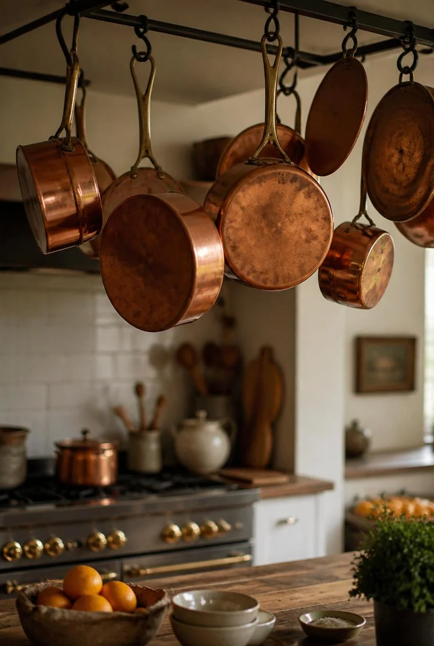 Copper Pots Hanging on Display