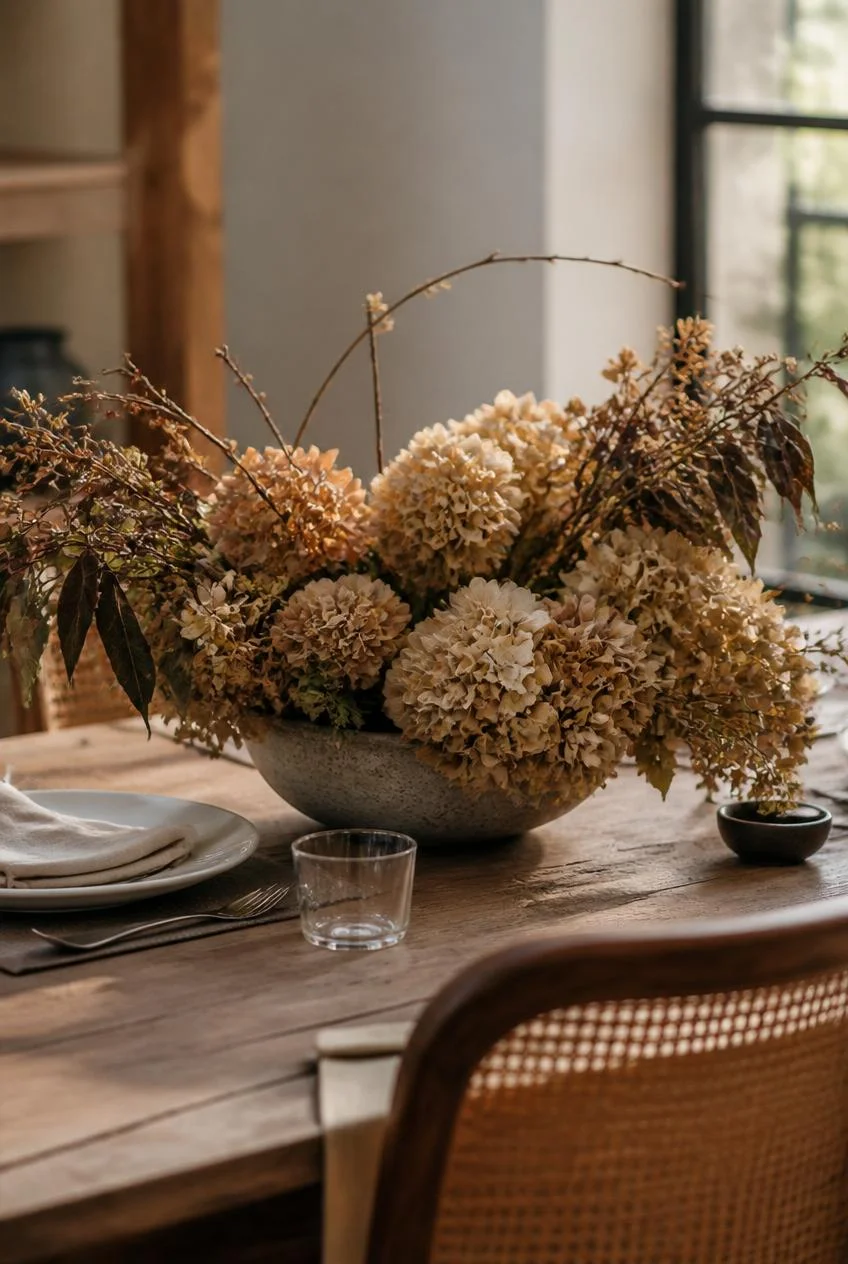 Dried Hydrangea and Preserved Floral Centerpiece