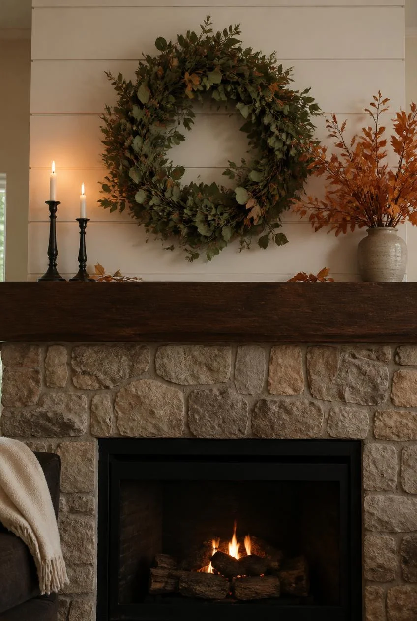 Fireplace Mantel Styled with Wreath and Foliage