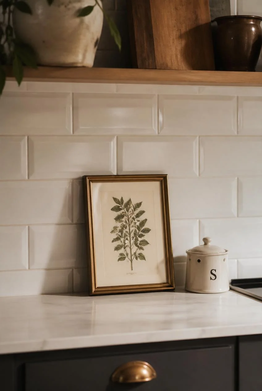 Framed Art Leaning Against the Backsplash