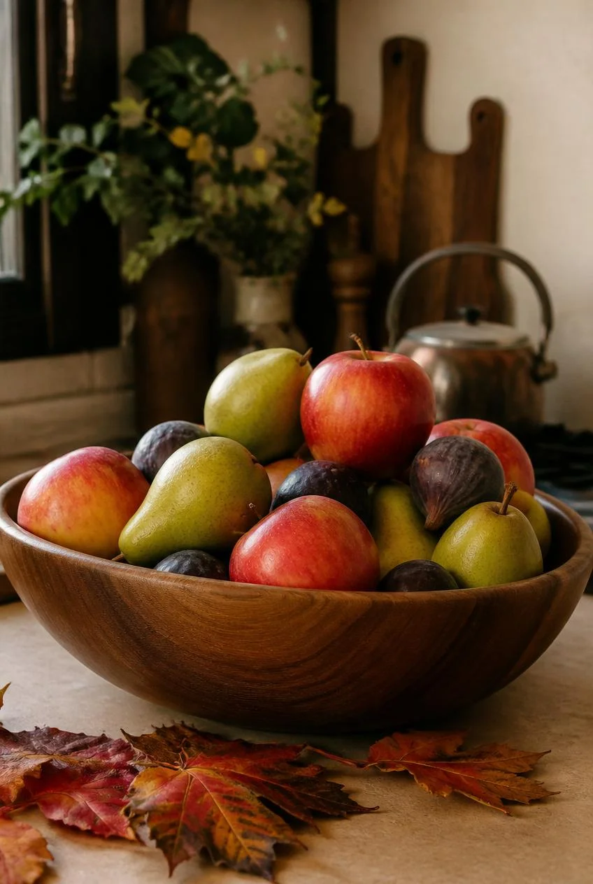 Fresh Fruit and Wooden Bowl Displays
