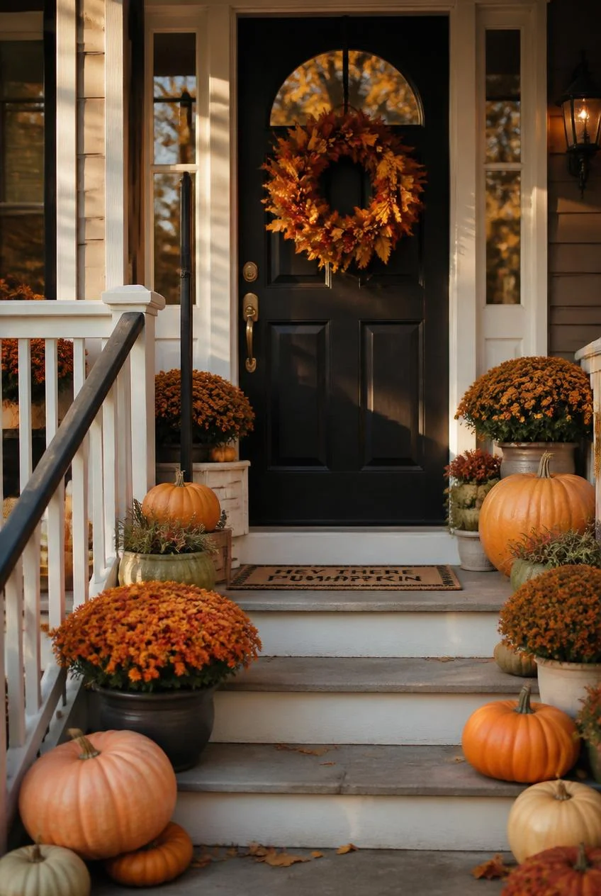 Front Porch Pumpkin and Mum Display