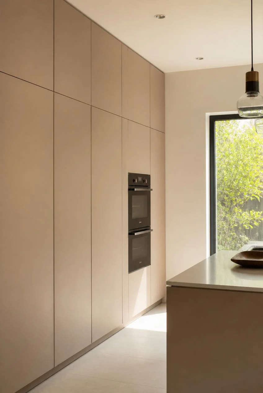 Handleless Flat-Panel Cabinetry in a Warm Neutral Tone