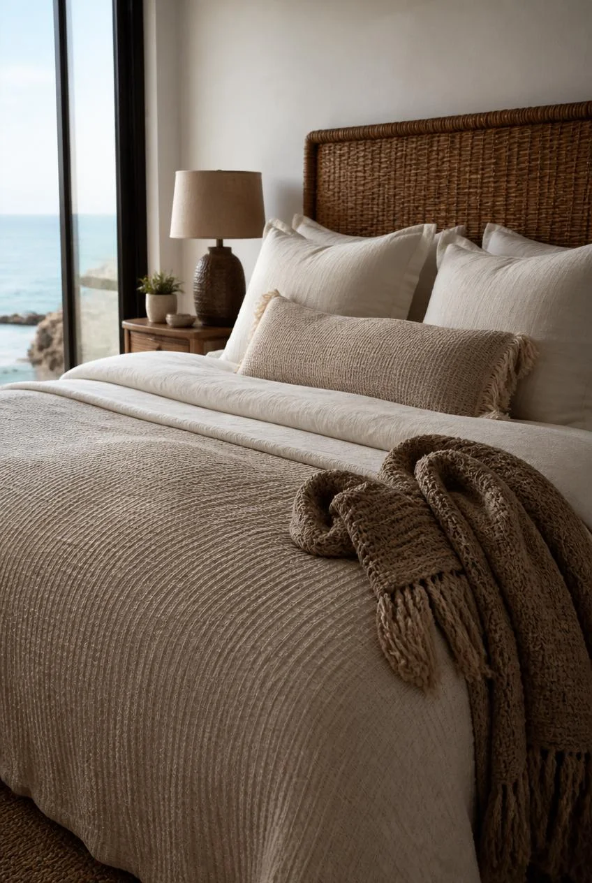 Layered Linen Bedding in a Warm Coastal Palette