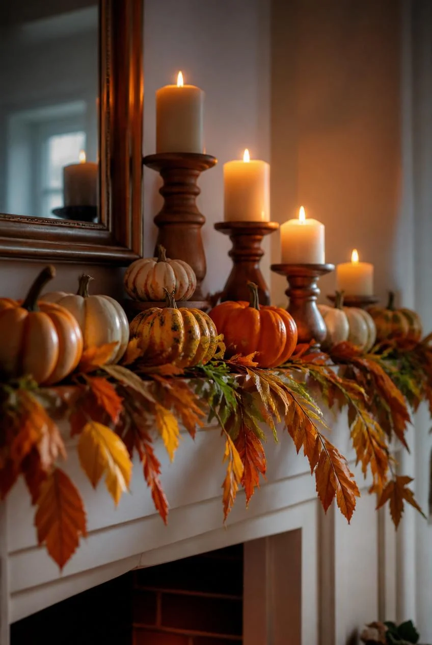 Layered Mantel with Foliage Garland and Candles