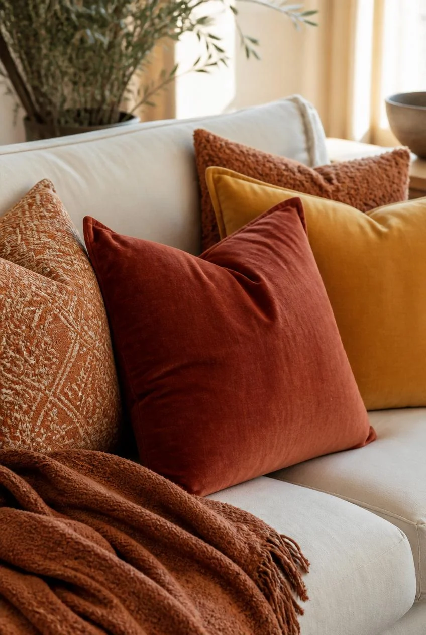 Layered Throw Pillows in Rust and Mustard Tones