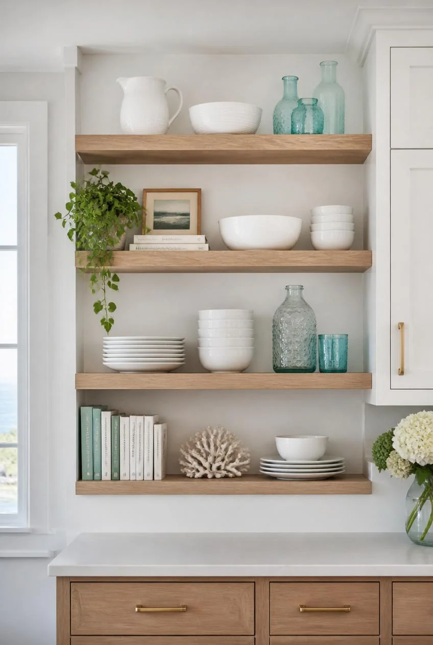 Light Oak Open Shelving for Coastal Display