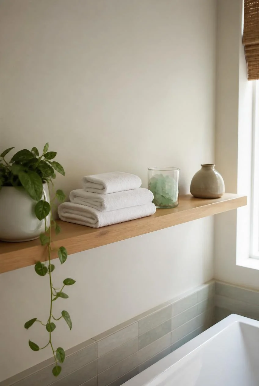 Open Shelving Styled With Coastal Bathroom Essentials