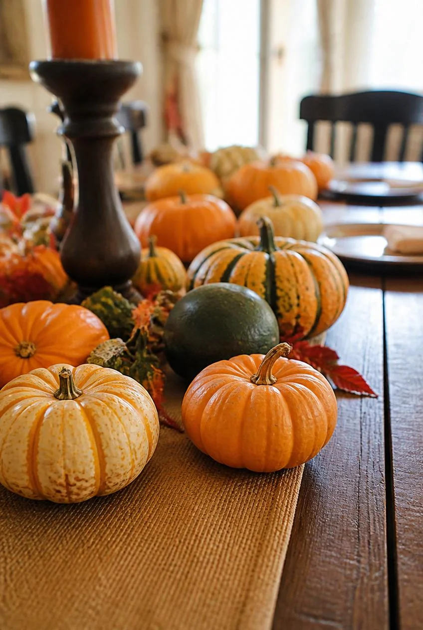 Pumpkin and Gourd Scatter Along the Table