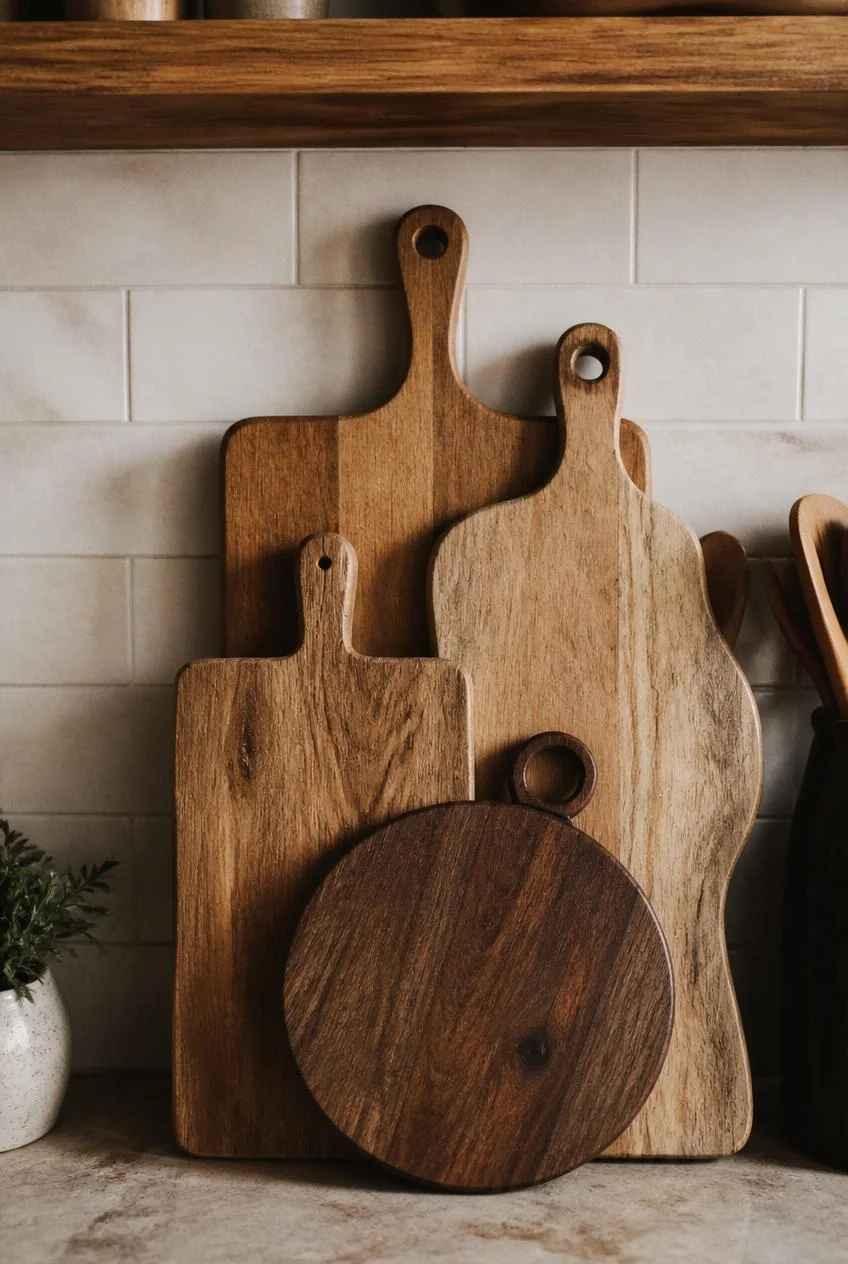 Stacked Wooden Cutting Boards Against the Backsplash