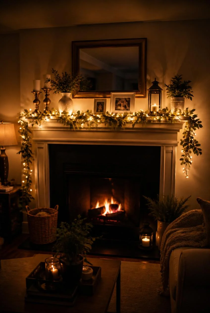 String Lights Around the Mantel