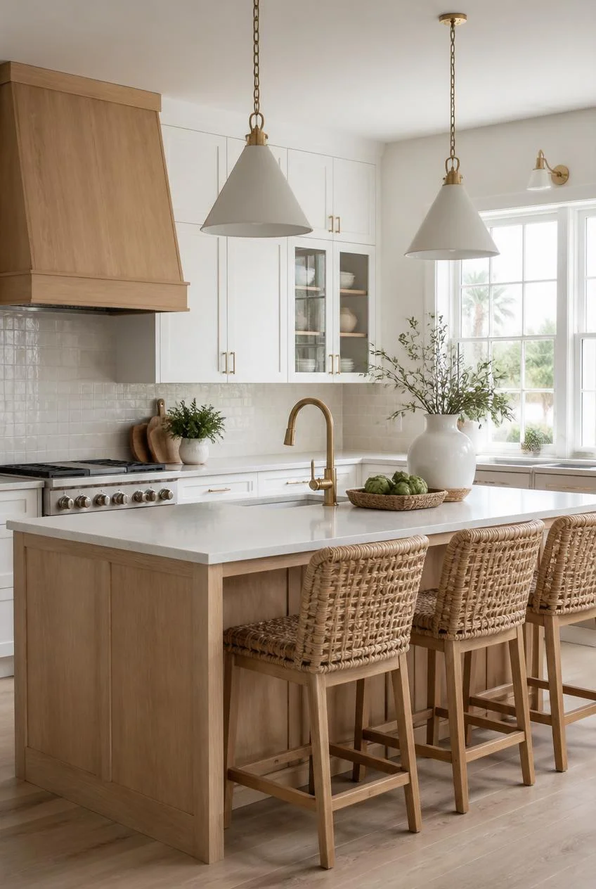 White Shaker Cabinets With Natural Wood Island