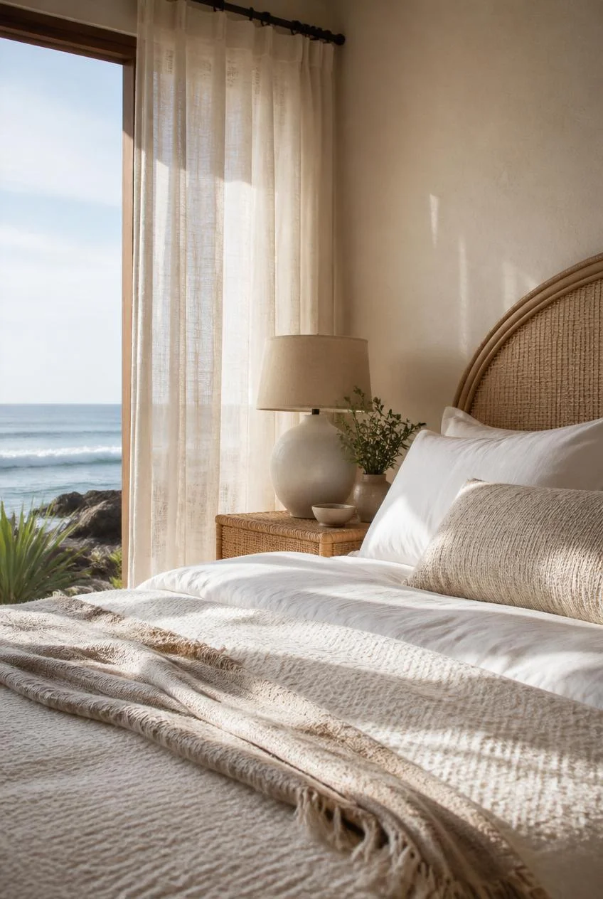White and Cream Bedding for a Serene Coastal Bedroom