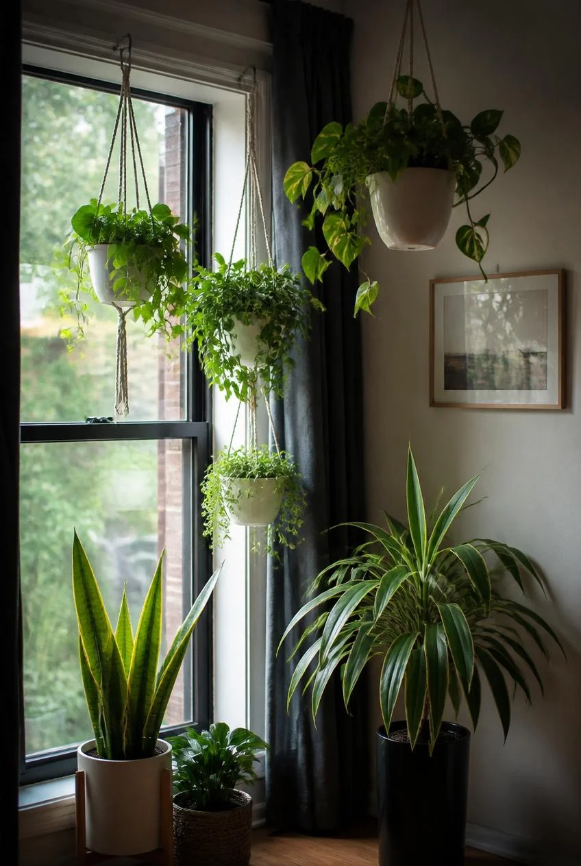 Window Corner with Hanging and Potted Plants