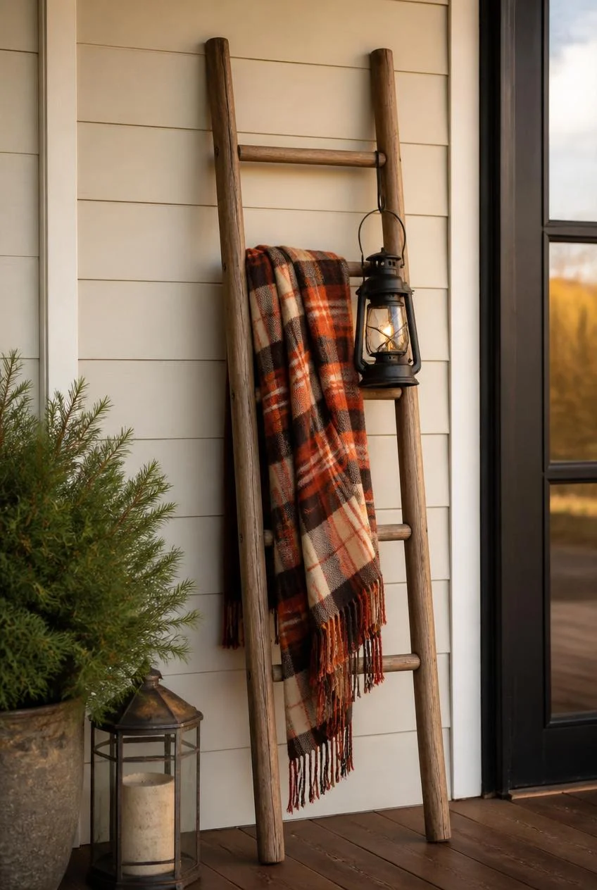 Wooden Ladder Styled with Plaid and Lanterns