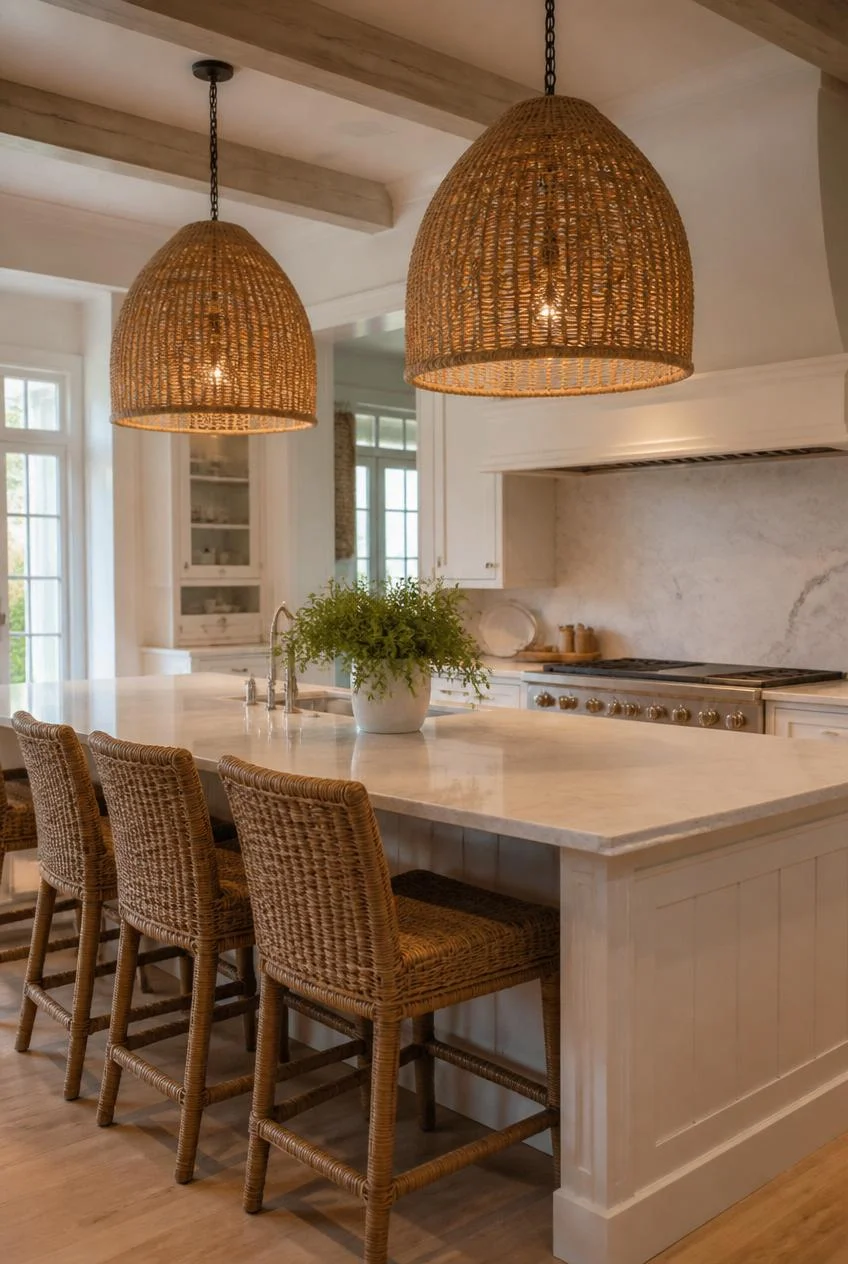 Woven Rattan Pendant Lights Above the Island