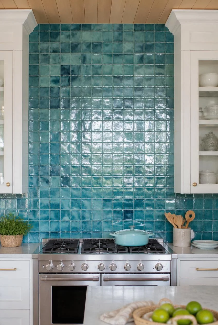 Zellige Tile Backsplash in Ocean Blue or Aqua