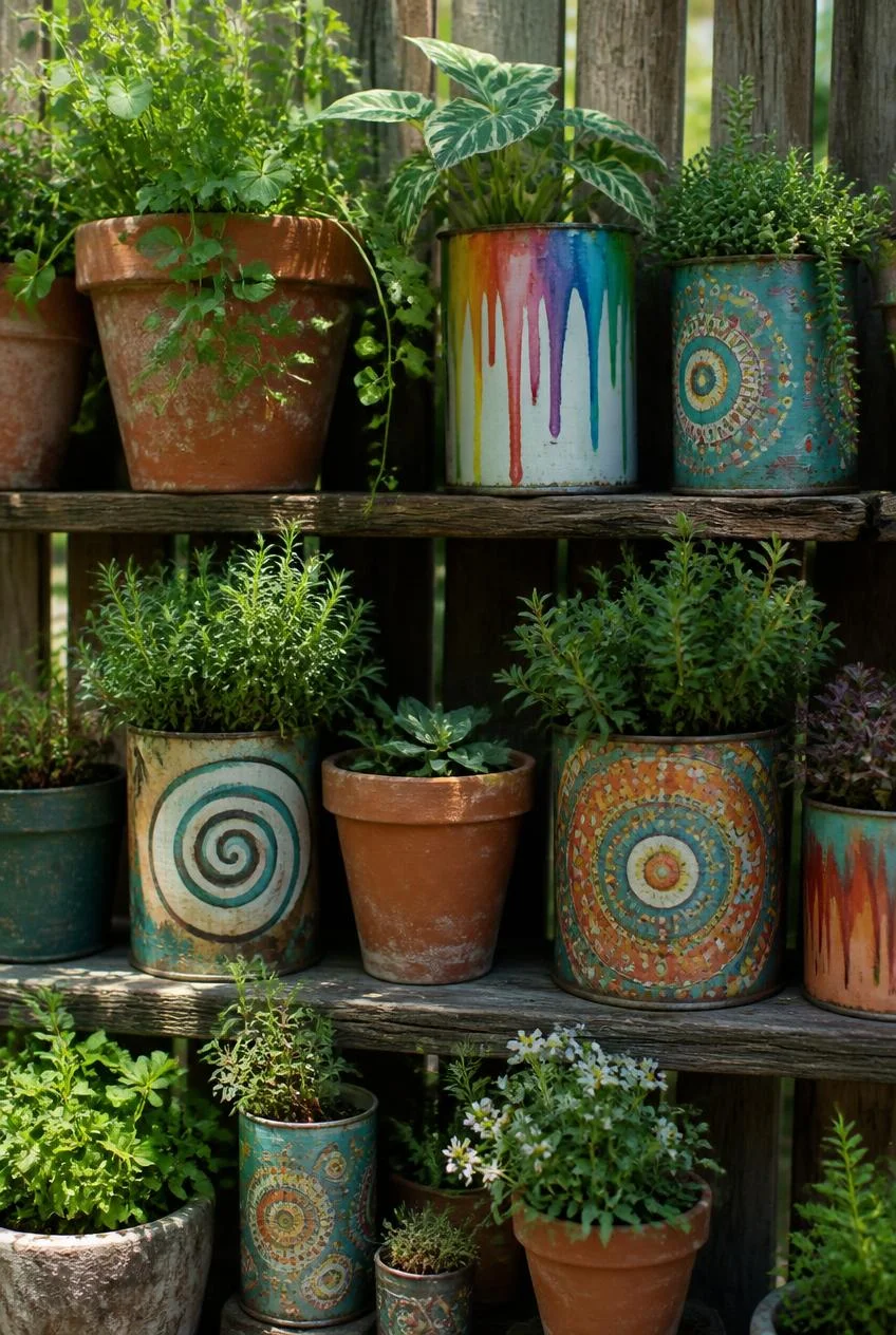 Hand Painted Terracotta and Recycled Can Planters
