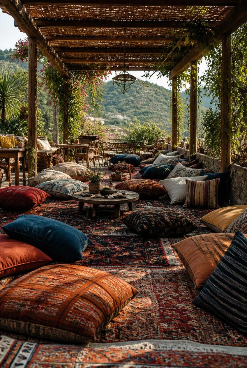 Layered Floor Cushions and Rug Lounge Corners