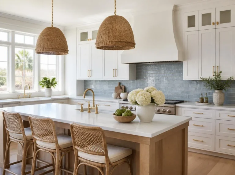 White Shaker Cabinets With Natural Wood Island